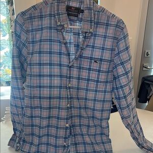 Vineyard Vines Men's Pink and Blue Plaid Slim Fit Tucker Shirt